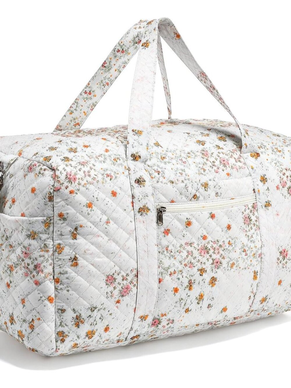 Large Quilted Travel Duffle Bag for Women, Light Colored Spliced Floral